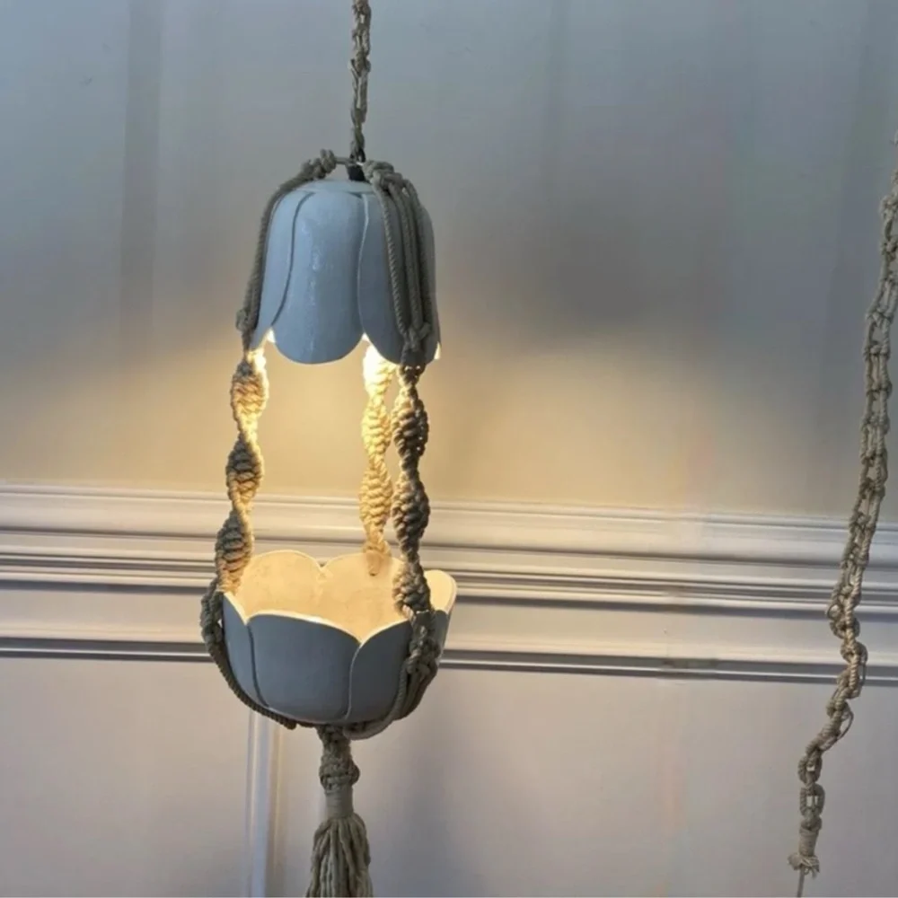 70s Macrame Hanging Lamp Planter Hand Crafted One-of-a-Kind